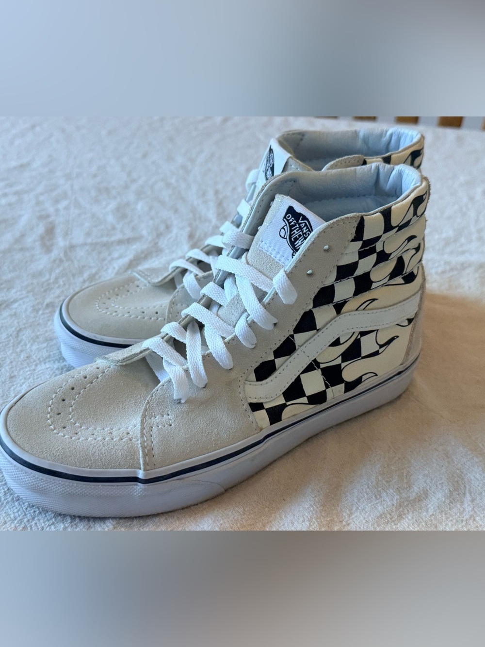 Vans Sk8 Hi Checker Flame Classic White Skate Shoes Checkerboard Unisex M5 W6.5